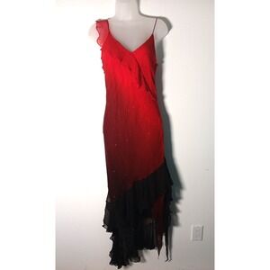VTG Y2K Fairy Sequin Asymmetrical Dress 12 Maxi Sheer Goth 100% Silk Red Ombra